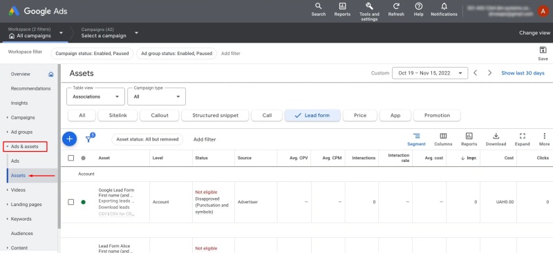 Google Lead Form and Smartsheet integration | Go to the "Ads and Assets" section