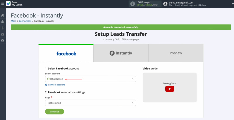 Instantly and Facebook integration | Select the connected login