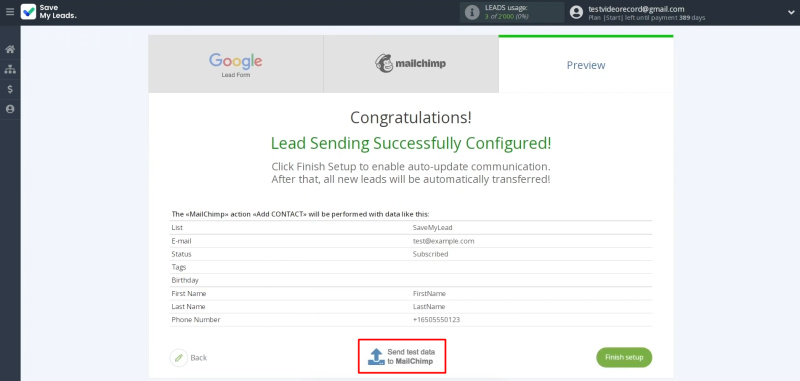 Google Lead Form and Mailchimp integration | Click "Send Test Data to Mailchimp"