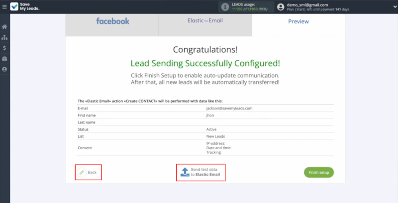 Elastic Email and Facebook integration | Click on “Back” or on “Send test data to Elastic Email”