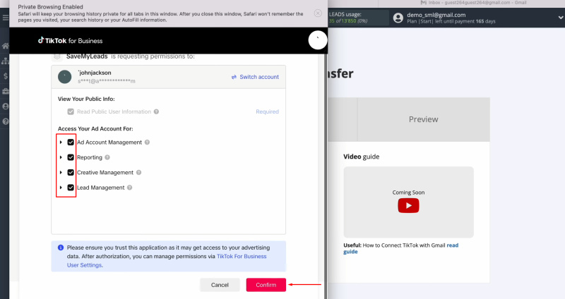 TikTok and Gmail integration | Make sure that all access checkboxes are enabled