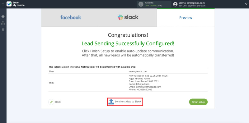 How to set up the upload of new leads from Facebook ad account to Slack private messages |&nbsp;Sending test data to Slack