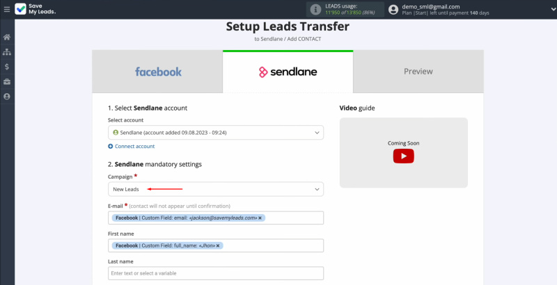 Sendlane and Facebook integration | Select a campaign