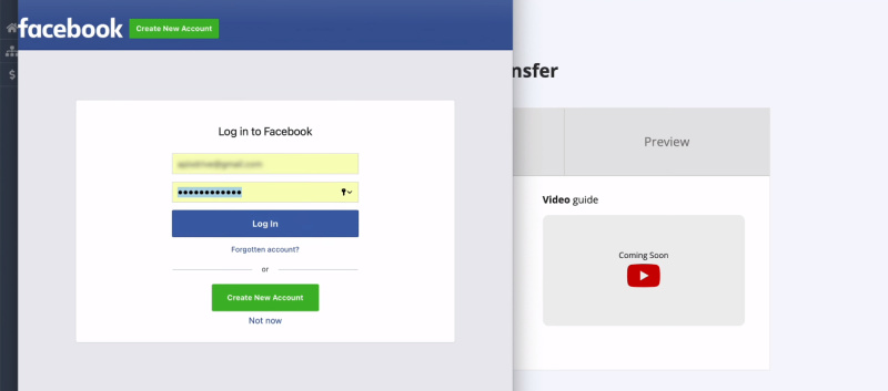 Facebook and Simla integration | Enter username and password