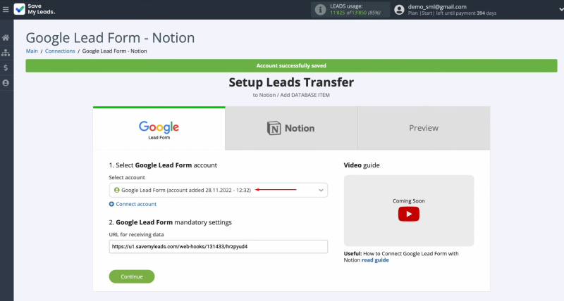 Google Ads Lead Form and Notion integration | Select the connected account