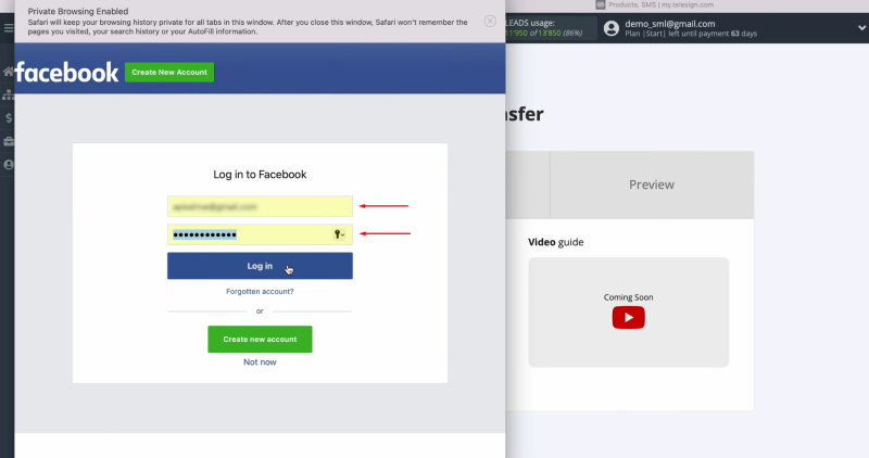 Telesign and Facebook integration | Specify the login and password of your Facebook account