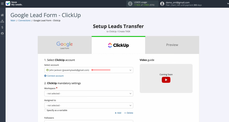 Google Ads Lead Form and ClickUp integration | Select the connected account