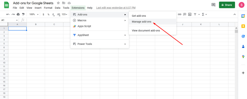 Extensions for Google Sheets | Manage add-ons<br>