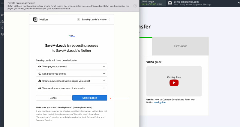 Google Ads Lead Form and Notion integration | Click “Select pages”