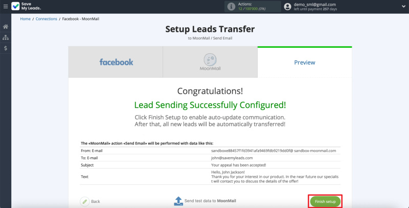 How to Set Up Auto-Send Messages to New Leads on Facebook via MoonMail | We start data transfer