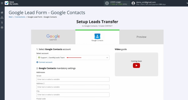 Select the connected account