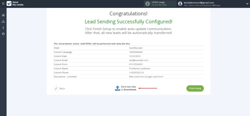 Smartsheet and Google Lead Form integration | Click “Send Test Data to Smartsheet”