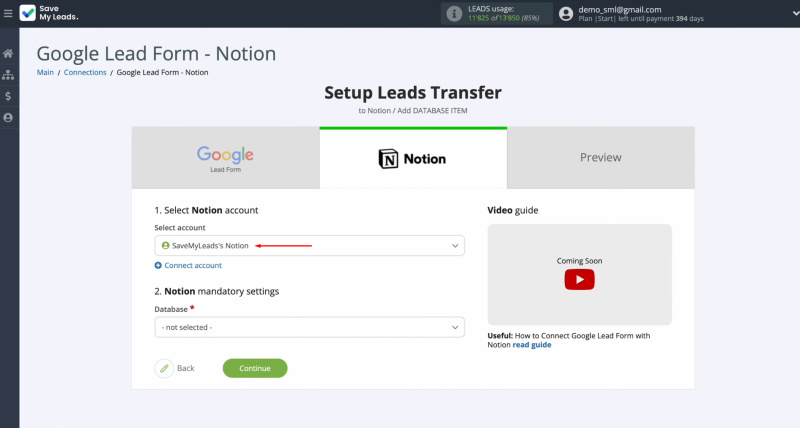 Google Ads Lead Form and Notion integration | Select the connected login