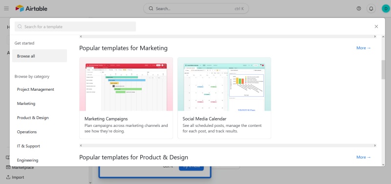 Template library for customization in Airtable