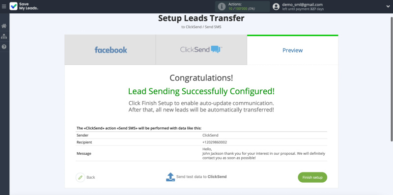 ClickSend and SaveMyLeads integration | Message example
