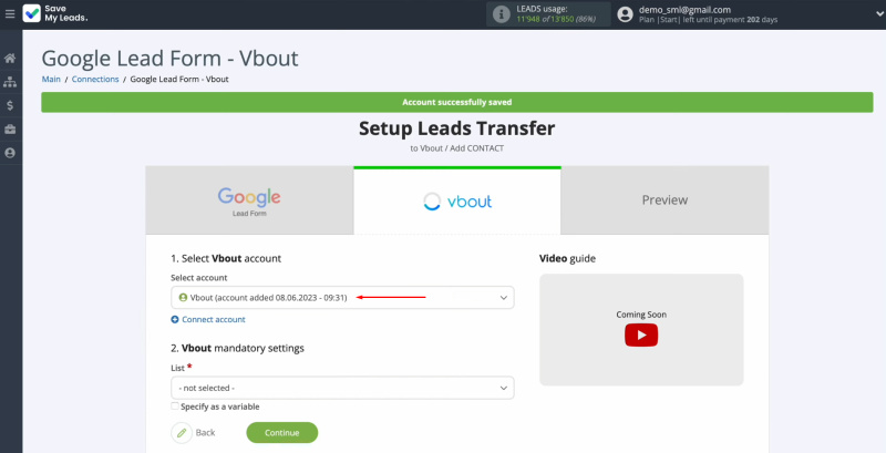 Vbout and Google Leads integration | Select the connected account