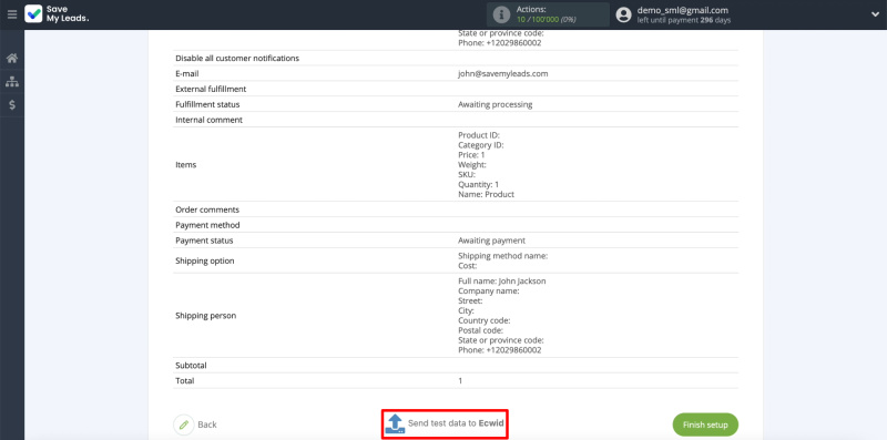 Facebook and Ecwid integration | Sending test data