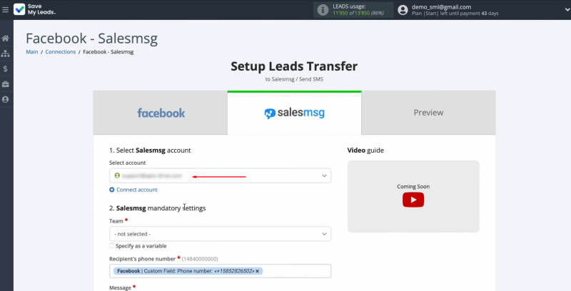 Salesmsg and Facebook integration | Select the connected account