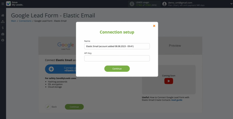 Google Lead Form and Elastic Email integration | Windows for specifying the API key