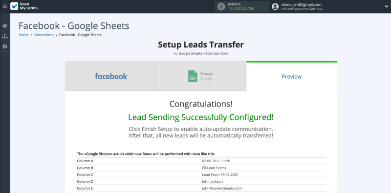 How to set up the upload of new leads from your Facebook ad account to Google Sheets | Example of lead data part 1