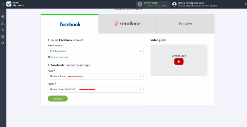 Sendlane and Facebook integration | Select the advertising page and the form