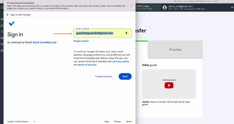 TikTok and Gmail integration | Specify the username of your Google account