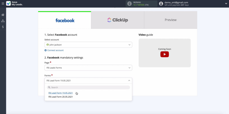 Facebook and ClickUp integration | Specify the data upload forms