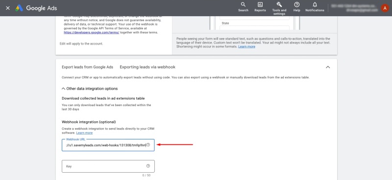 Insert the copied SaveMyLeads link
