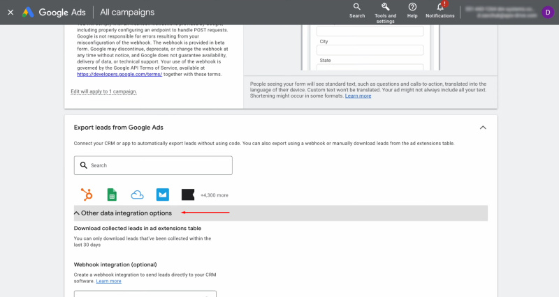 Google Lead Form and Sinch integration | Find the section "Other data integration options"