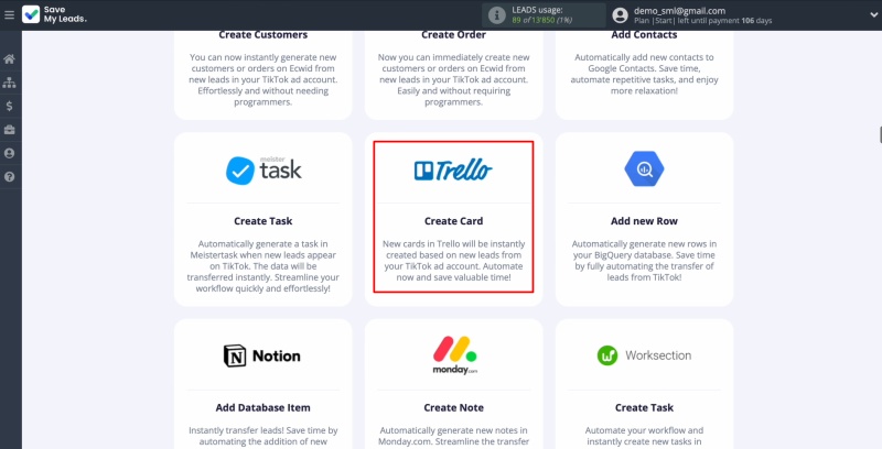 Choose Trello as the data receiver