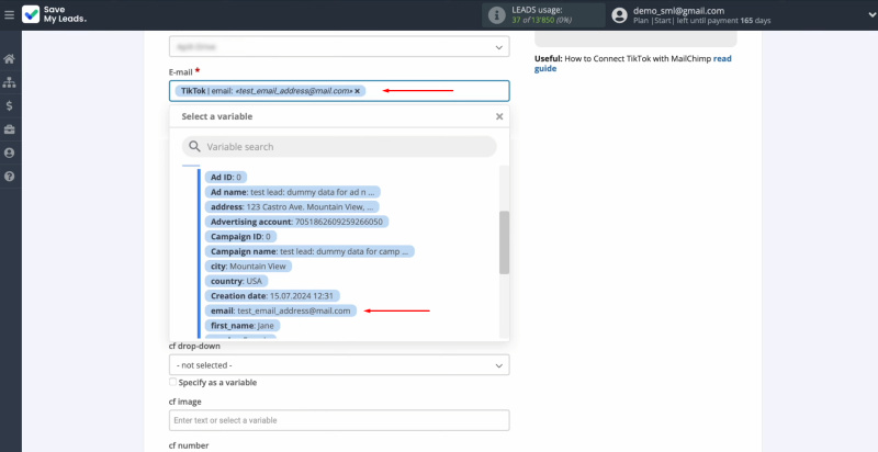 TikTok and Mailchimp integration | Assign variables from TikTok to these fields