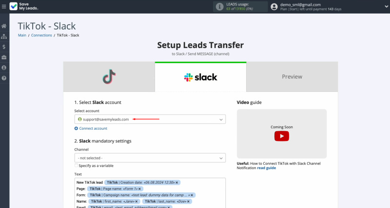 TikTok and Slack integration | Select the connected login