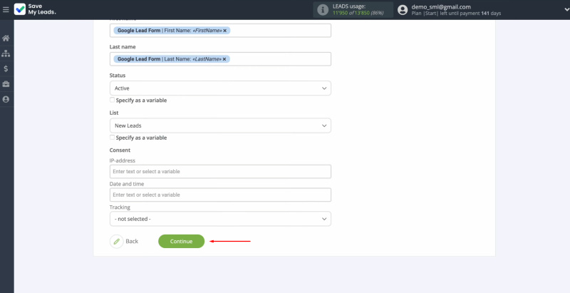 Google Lead Form and Elastic Email integration | Click “Сontinue”
