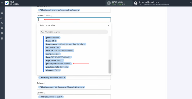 TikTok and Google Sheets integration | Select a variable from the drop-down list