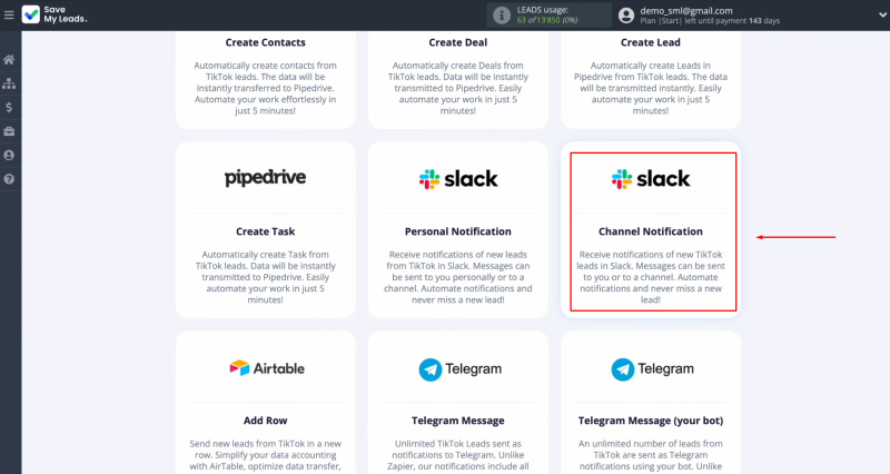 TikTok and Slack integration | Select Slack (Channel Notification)