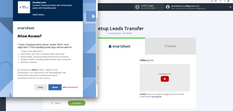 Smartsheet and Google Lead Form integration | Allow SaveMyLeads to interact with your account