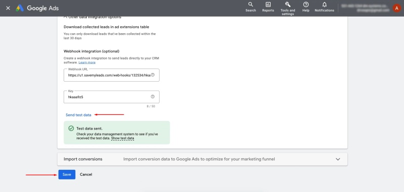 Submit test data through the form