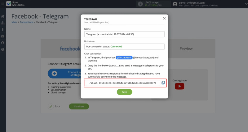 Facebook and Telegram integration | Copy the string to connect the Telegram bot
