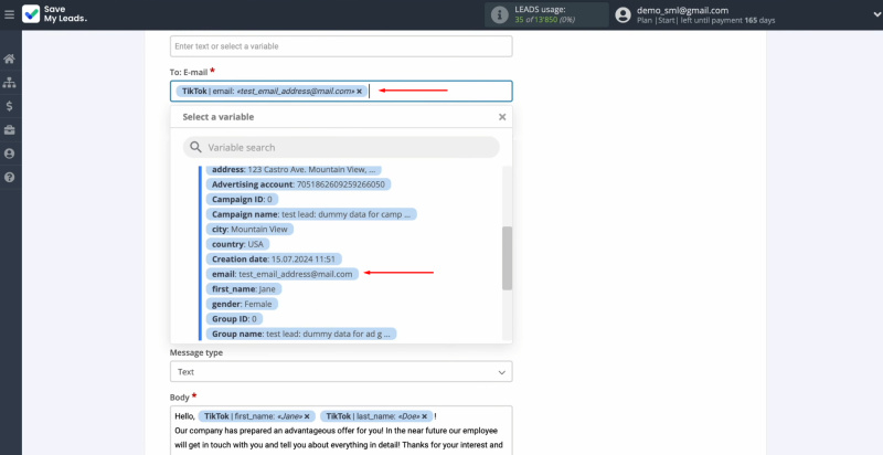 TikTok and Gmail integration | Specify variables from TikTok with the lead’s email