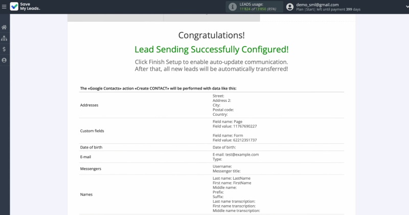 Example of the data that will be sent to Google Contacts