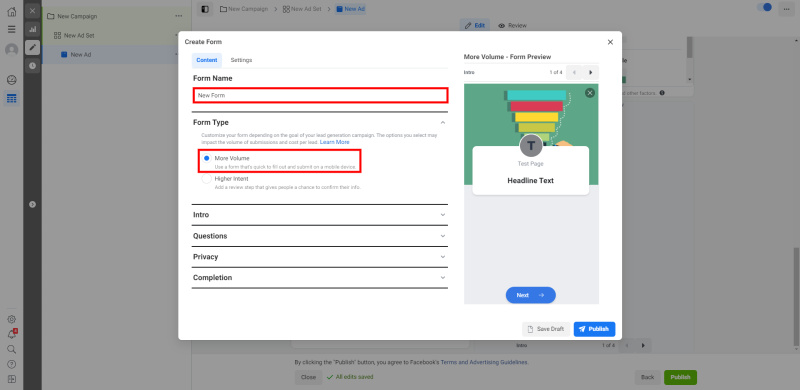 How to Set Up Facebook Lead Form Ads | Enter the name of the form and indicate its type