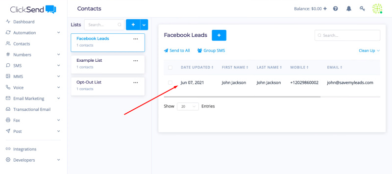 Facebook and ClickSend integration | The test contact in ClickSend