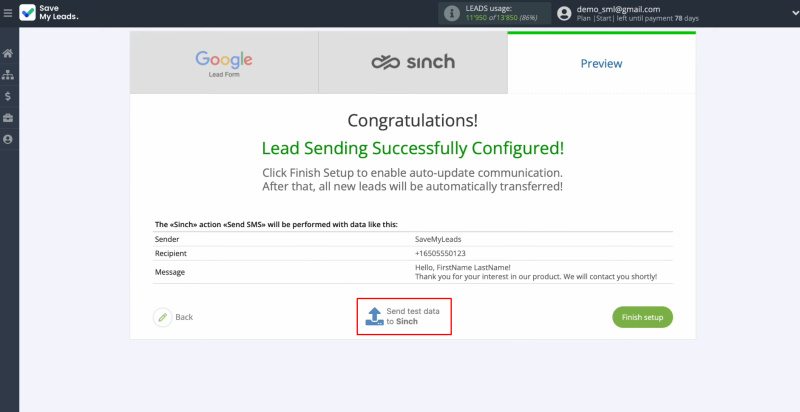 Google Lead Form and Sinch integration | Click “Send test data to Sinch”