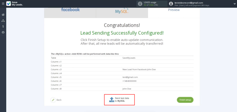 MySQL and Facebook integration | Click “Send test data to MySQL”