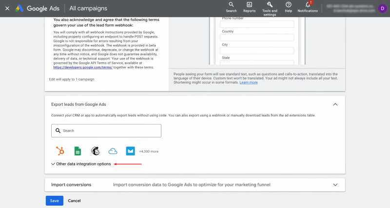 Google Ads Lead Form and ClickUp integration | Navigate to the Other Data Integration Options section