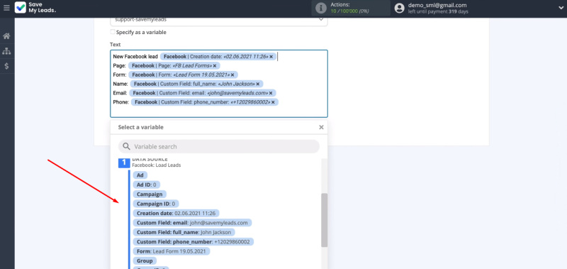 Facebook and Slack integration | Drop-down list with variables