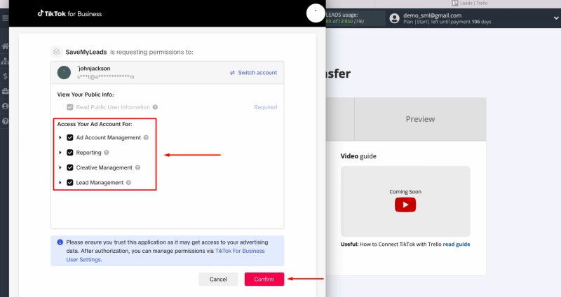 Give SaveMyLeads access to work with your TikTok account