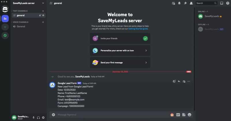 Open the selected Discord channel and verify the test message