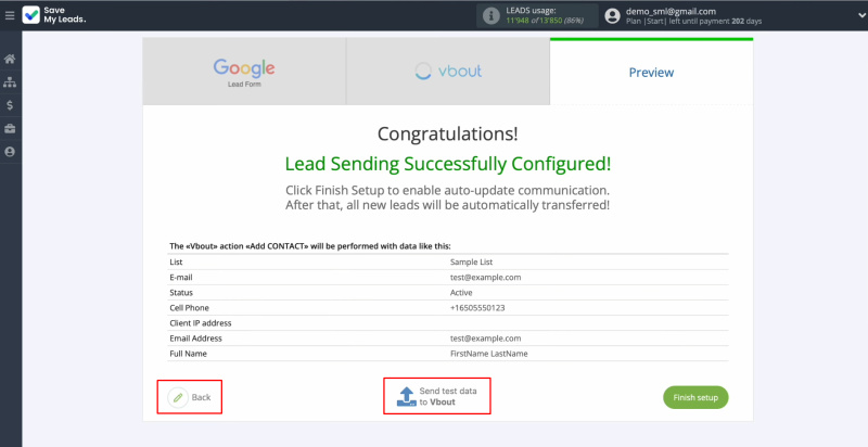 Google Ads Lead Form and Vbout integration | Сlick “Back” or “Send test data to Vbout”