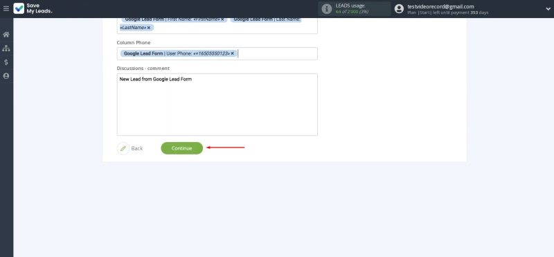 Smartsheet and Google Lead Form integration | Сlick “Continue”
